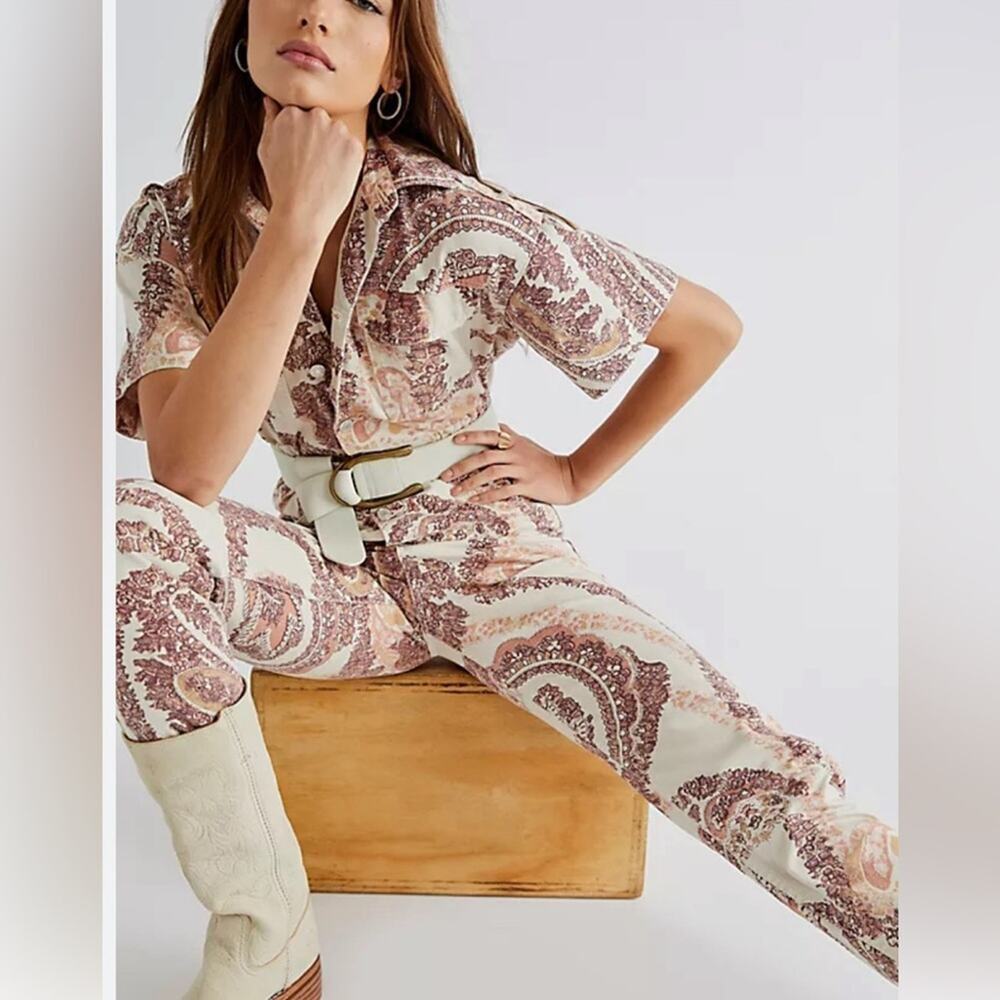 We The Free Cream and Brown Paisley Jumpsuit